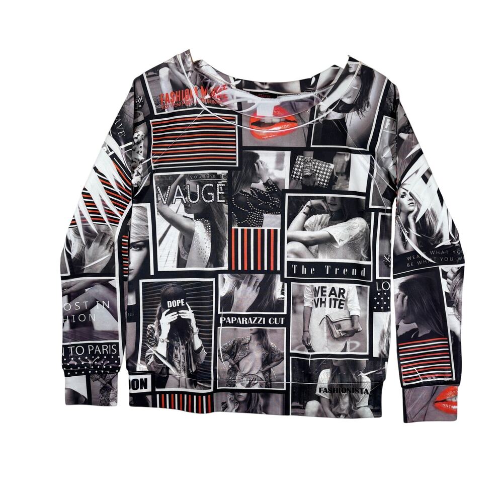 Blush Y2K Tee Womens S Black Magazine Collage Graphic AOP Maximalist Pop Art